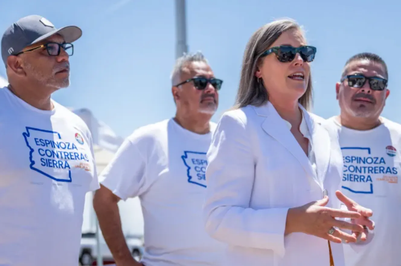 Arizona Secretary of State and Democratic candidate for governor Katie Hobbs speaks to reporters at a news conference on Aug. 2, 2022, in Tolleson, Arizona. Hobbs has made her support for abortion a centerpiece of her campaign against Republican Kari Lake.?w=200&h=150
