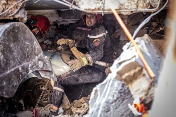 Rescue workers search for survivors in a collapsed house in Moulay Brahim, in Morocco's Al Haouz province, on Sept. 9, 2023, after an earthquake. Morocco's deadliest earthquake in decades has killed at least 1,000 people, officials said on Sept. 9. Credit: Fadel Senna/AFP via Getty Images