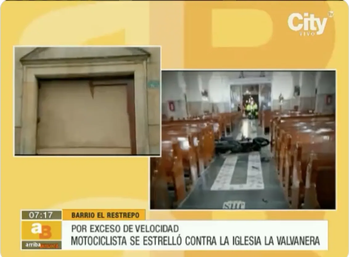 A motorcyclist crashed into the wooden door of Our Lady of Valvanera Church in Bogotá, Colombia, on July 25, 2022. There were no serious injuries reported.?w=200&h=150