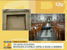 A motorcyclist crashed into the wooden door of Our Lady of Valvanera Church in Bogotá, Colombia, on July 25, 2022. There were no serious injuries reported.
