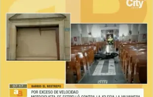 A motorcyclist crashed into the wooden door of Our Lady of Valvanera Church in Bogotá, Colombia, on July 25, 2022. There were no serious injuries reported. Credit: Twitter screen shot / Arriba BoBogotá Citytv