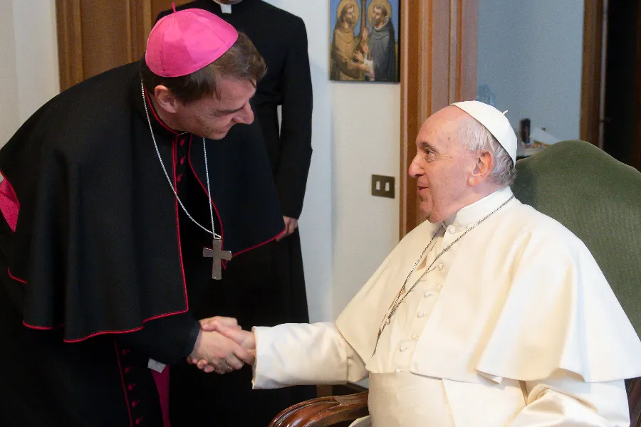 Pope Francis greets German Bishop Stefan Oster on May 2, 2022.?w=200&h=150