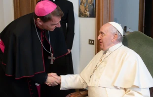 Pope Francis greets German Bishop Stefan Oster on May 2, 2022. Vatican Media.