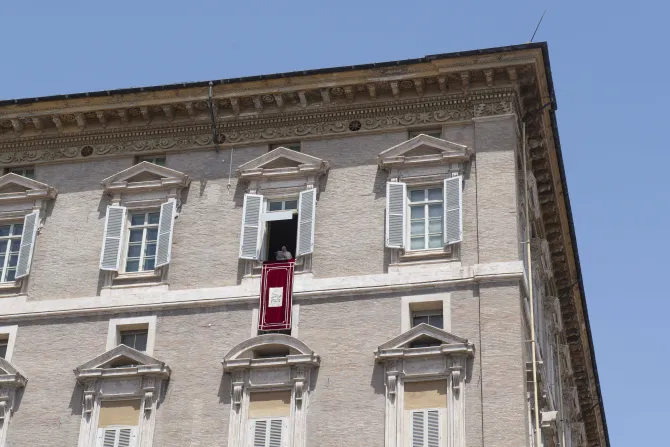 Pope Francis prays the Angelus from the window of the Apostolic Palace on July 3, 2022.