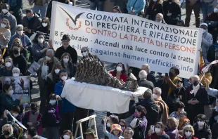 Talitha Kum members hold a sculpture of St. Josephine Bakhita in St. Peter's Square on Feb. 6, 2022. Credit: Vatican Media