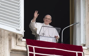Pope Francis waves to pilgrims gathered in St. Peter's Square for the Regina Caeli on May 8, 2022. Vatican Media