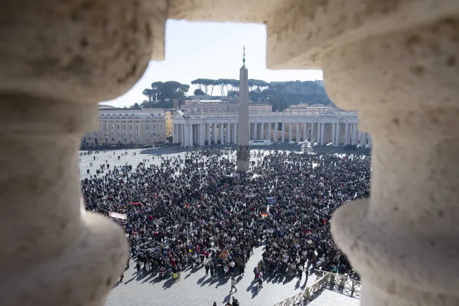 The crowd in St. Peter's Square as Pope Francis delivers his Angelus address on Feb. 12, 2023.