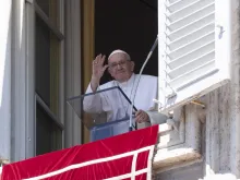 Pope Francis waves to pilgrims during the Angelus Aug. 14, 2022.