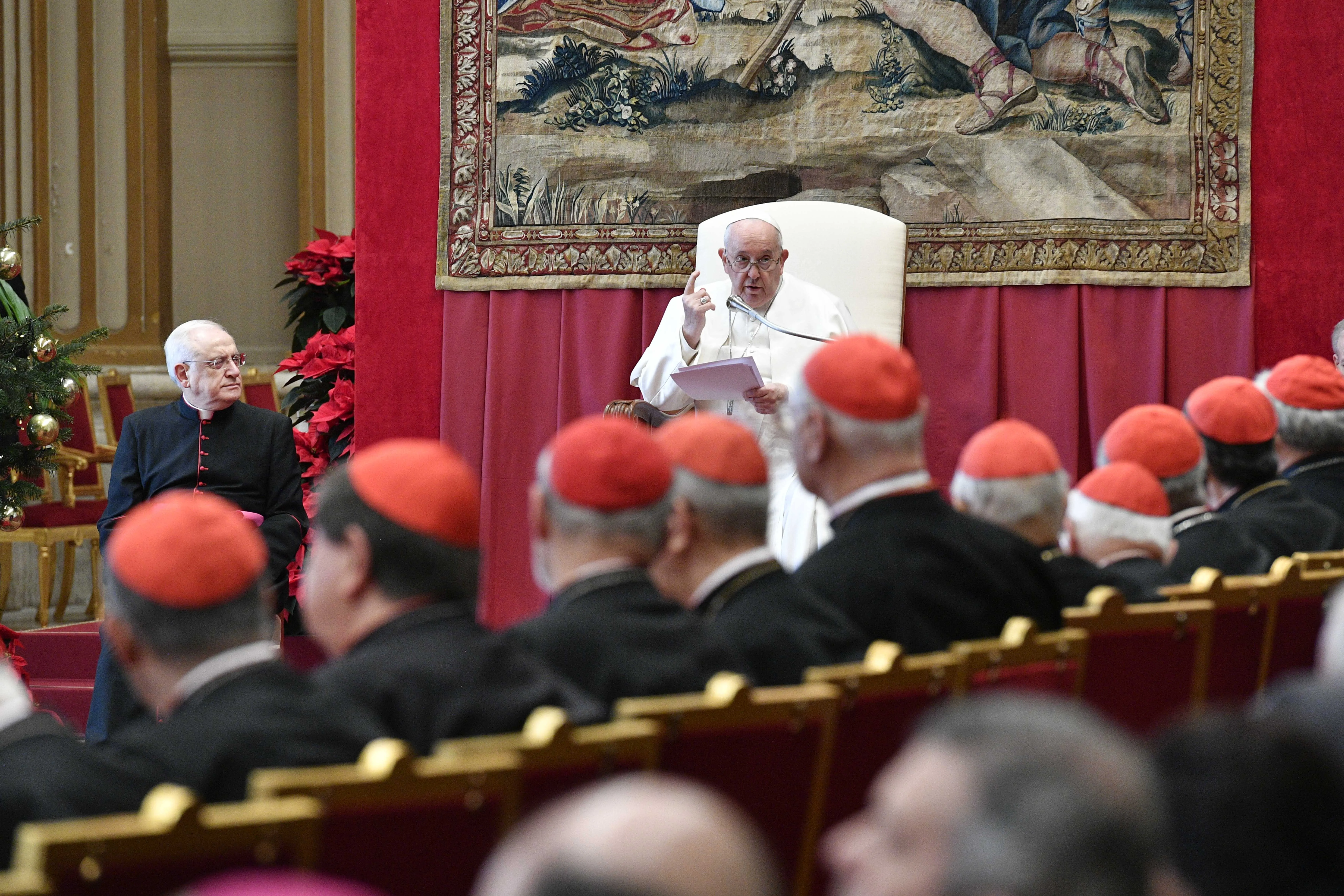 Pope Francis gives his annual Christmas address to the cardinals who work in Vatican offices on Dec. 21, 2023, in the gilded Hall of Benediction at the Vatican.?w=200&h=150