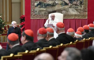 Pope Francis gives his annual Christmas address to the cardinals who work in Vatican offices on Dec. 21, 2023, in the gilded Hall of Benediction at the Vatican. Credit: Vatican Media