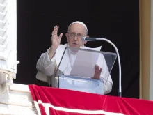 Pope Francis speaks to the crowd assembled in St. Peter's Square on Aug. 15, 2023, for the recitation of the Angelus on the solemnity of the Assumption of the Blessed Virgin Mary.