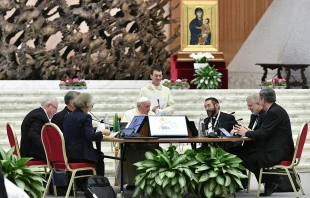 Pope Francis at the Synod on Synodality on Oct. 10, 2023. Credit: Vatican Media