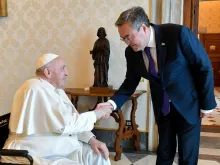 Pope Francis greets Mukhtar Tileuberdi, Kazakhstan’s deputy prime minister and foreign minister, at the Vatican, May 30, 2022.