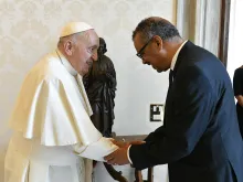 Pope Francis meets with Dr. Tedros Adhanom Ghebreyesus, head of the World Health Organization, July 24, 2023, in a private Vatican audience.