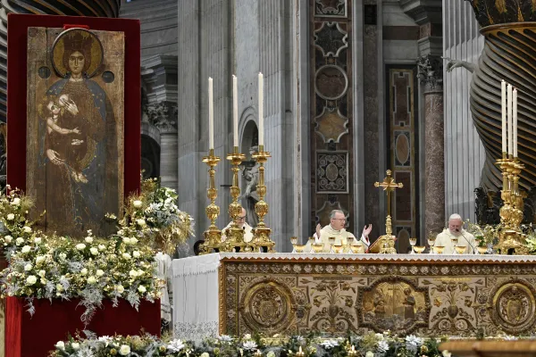 An icon of the "nursing Madonna" forms the backdrop for the Mass at St. Peters on the Solemnity of Mary, Mother of God, Jan. 1, 2024. Credit: Vatican Media