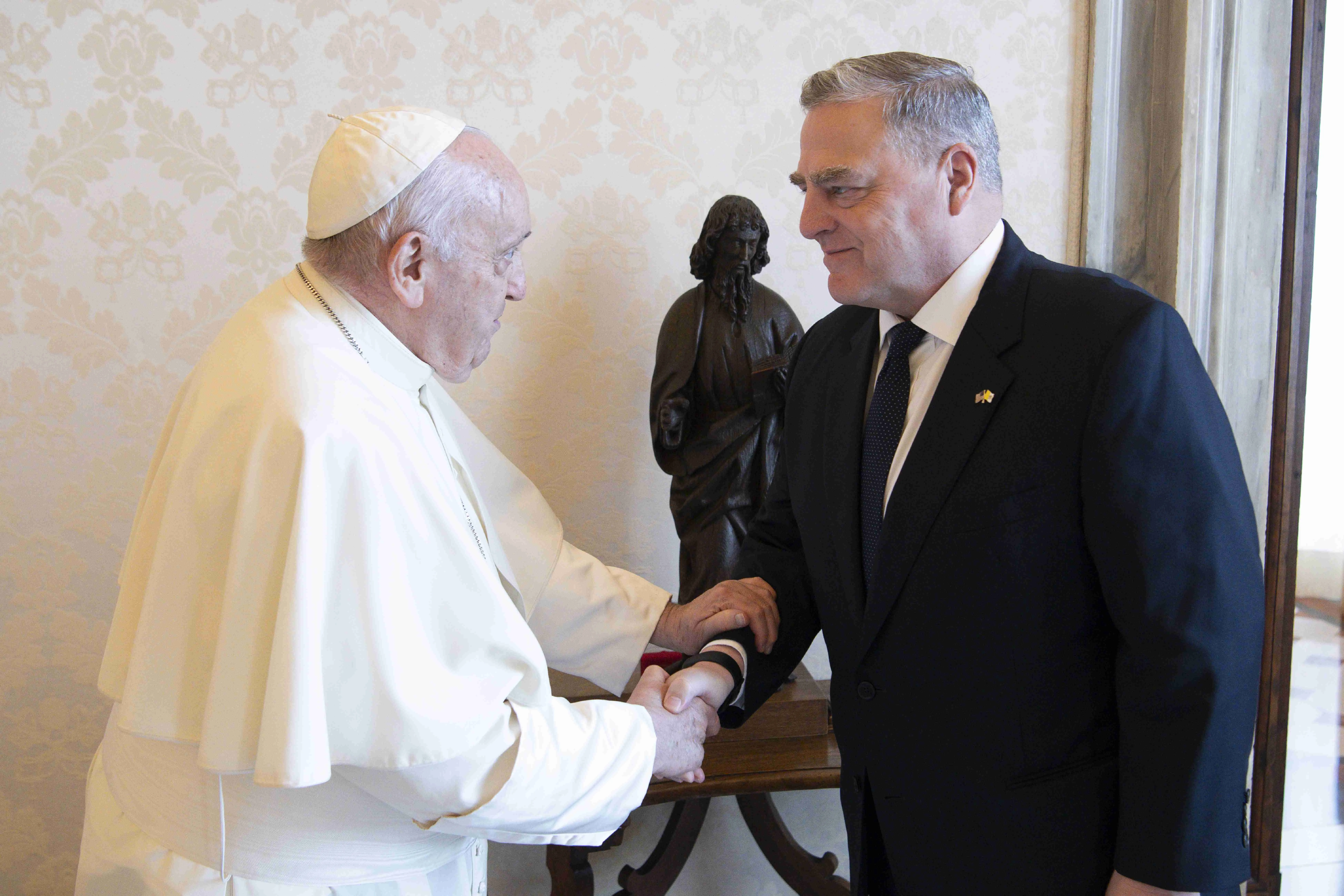 Pope Francis meets with U.S. Gen. Mark Milley, chairman of the Joint Chiefs of Staff, for a private audience at the Vatican on Aug. 21, 2023.?w=200&h=150