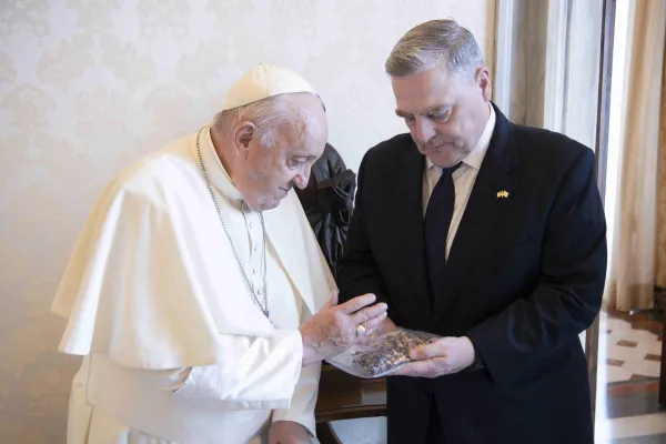 Pope Francis blesses rosaries during his visit with U.S. Gen. Mark Milley, chairman of the Joint Chiefs of Staff, for a private audience at the Vatican on Aug. 21, 2023. Credit: Vatican Media