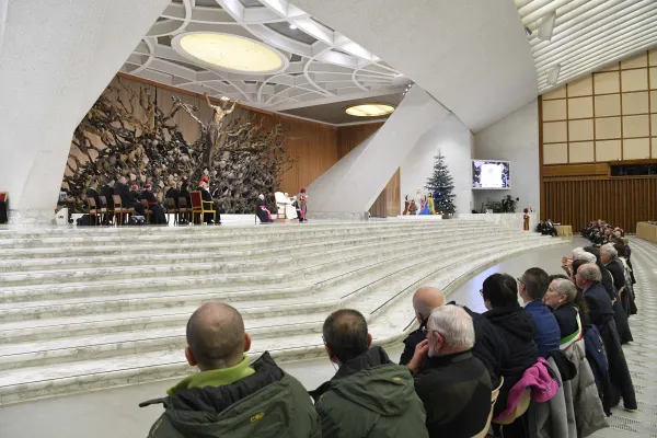 Pope Francis speaks to two delegations at the Vatican on Dec. 9, 2023. The community from Macra, located in the Alps, provided this year’s Christmas tree and the Nativity scene was donated by the Diocese of Rieti. Credit: Vatican Media