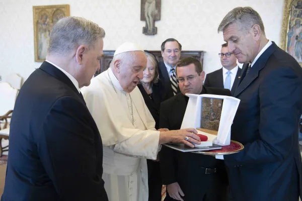 Pope Francis exchanges gifts with U.S. Gen. Mark Milley, chairman of the Joint Chiefs of Staff, at a private audience at the Vatican on Aug. 21, 2023. Credit: Vatican Media