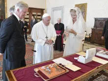 Queen Mathilde of Belgium meets with Pope Francis at the Vatican’s Apostolic Palace with her husband, King Philippe of the Belgians, on Sept. 14, 2023.