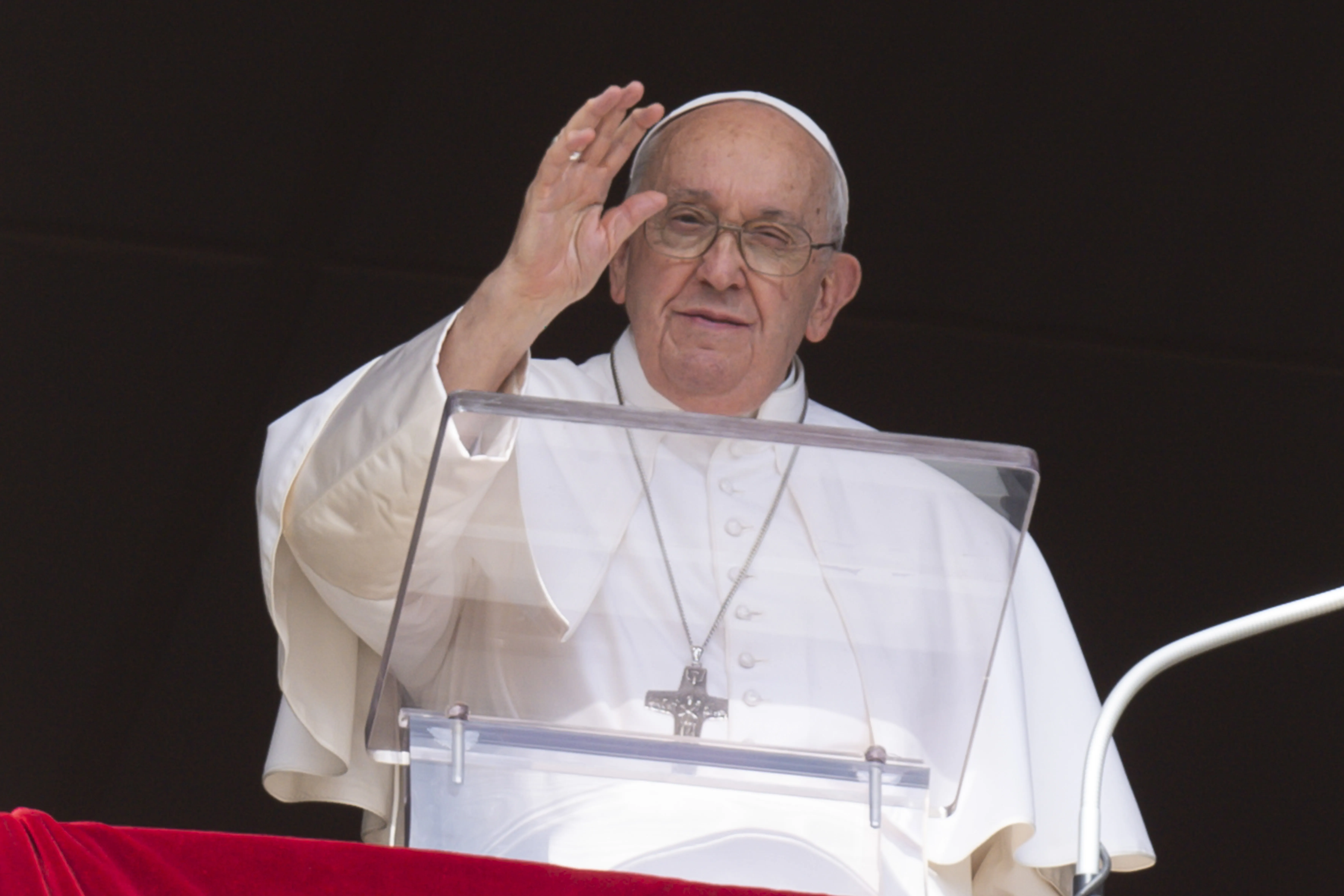 Pope Francis waves to pilgrims in St. Peter's Square during his Angelus address on Oct. 15, 2023.?w=200&h=150