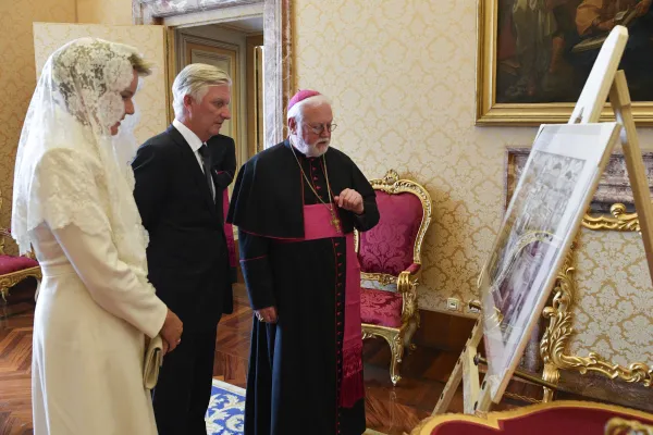 After an audience with the pope, King Philip and Queen Mathilde meet with Vatican Secretary for Relations with States Archbishop Paul Richard Gallagher, in the offices of the Secretariat of State on Sept. 14, 2023. Credit: Vatican Media