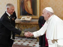 Pope Francis meets with Russia’s new ambassador to the Vatican Ivan Soltanovsky on Sept. 18, 2023, at the Vatican.
