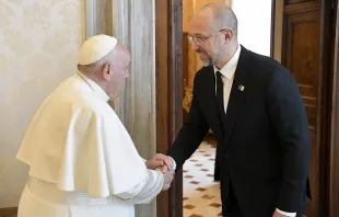Ukraine Prime Minister Denys Shmyhal meets Pope Francis in a private, 30-minute encounter at the Vatican on the morning of April 27, 2023. Credit: Vatican Media