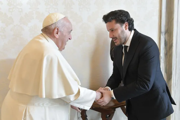 Pope Francis greeting the prime minister of Montenegro, Dritan Abazović, at the Vatican on Oct. 10, 2022. Vatican Media