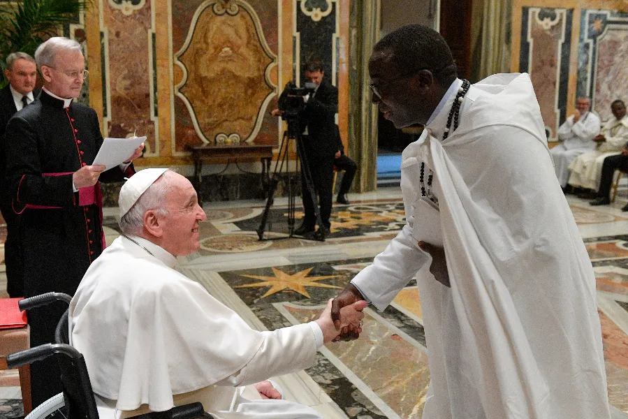 Pope Francis meets participants in the general chapter of the Missionaries of Africa (White Fathers) in the Vatican’s Clementine Hall, June 13, 2022.?w=200&h=150