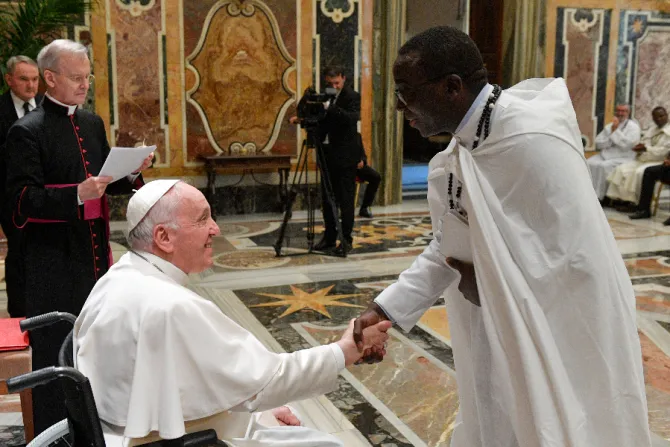 Pope Francis meets participants in the general chapter of the Missionaries of Africa (White Fathers) in the Vatican’s Clementine Hall, June 13, 2022.
