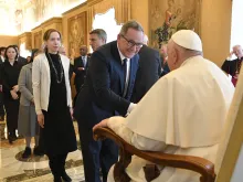 Pope Francis meets with participants of the Minerva Dialogues — a meeting of scientists, engineers, business leaders, lawyers, philosophers, Catholic theologians, ethicists, and members of the Roman Curia to discuss digital technologies — at the Vatican on March 27, 2023.