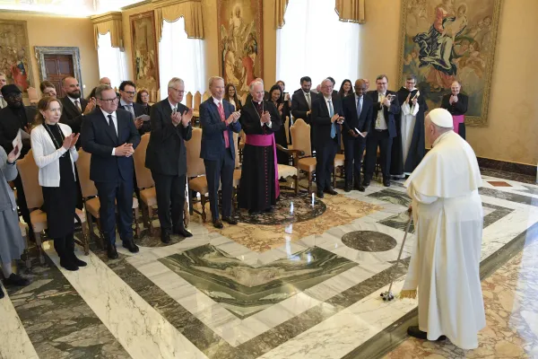 Pope Francis meets with participants of the Minerva Dialogues — a meeting of scientists, engineers, business leaders, lawyers, philosophers, Catholic theologians, ethicists, and members of the Roman Curia to discuss digital technologies — at the Vatican on March 27, 2023. Credit: Vatican Media