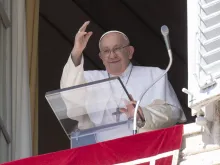 Pope Francis greets the crowd gathered in St. Peter's Square for his Angelus address on Sept. 24, 2023.