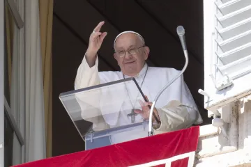 Pope Francis greets the crowd gathered in St. Peter's Square for his Angelus address on Sept. 24, 2023.