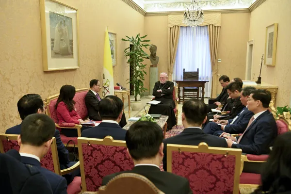 Archbishop Paul Gallagher speaks with a delegation from Vietnam’s Communist Party government at the Vatican on Jan. 18, 2024. Credit: Vatican Media