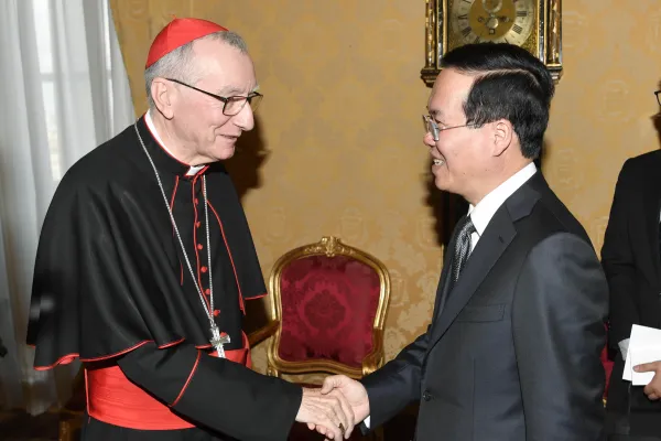 Vietnam President Vo Van Thuong meets with the Holy See’s Secretary of State Cardinal Pietro Parolin at the Vatican on July 27, 2023. Credit: Vatican Media