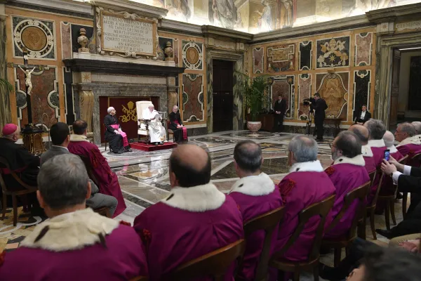 Pope Francis spoke about marriage during a meeting with the lawyers, auditors, and collaborators of the Tribunal of the Roman Rota for the inauguration of the judicial year on Jan. 27, 2023. Vatican Media