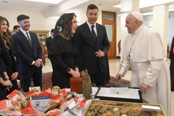 Pope Francis meets with Paraguay's President Santiago Peña and his wife on Nov. 27, 2023. Vatican Media