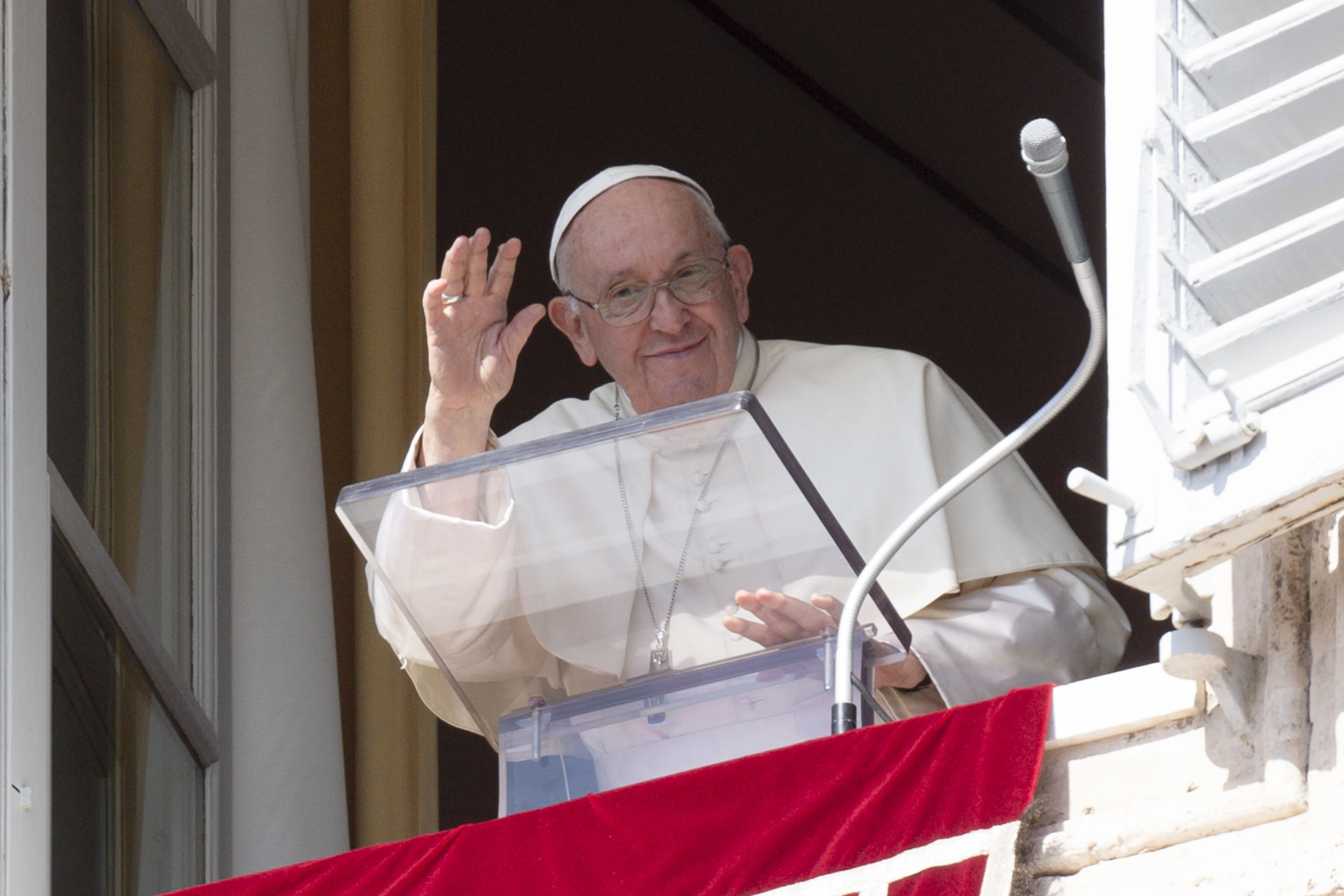 Pope Francis waves from a window of the Apostolic Palace during his weekly Sunday address and Angelus on Oct. 8, 2023. He spoke about the importance of having gratitude for the gifts one has received, especially the gifts of life and faith from God.?w=200&h=150