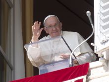 Pope Francis waves from a window of the Apostolic Palace during his weekly Sunday address and Angelus on Oct. 8, 2023. He spoke about the importance of having gratitude for the gifts one has received, especially the gifts of life and faith from God.
