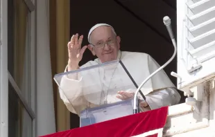 Pope Francis waves from a window of the Apostolic Palace during his weekly Sunday address and Angelus on Oct. 8, 2023. He spoke about the importance of having gratitude for the gifts one has received, especially the gifts of life and faith from God. Vatican Media.