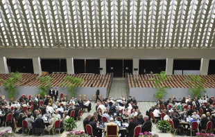Delegates meet at round tables during the Synod on Synodality on Oct. 10, 2023. Credit: Vatican Media