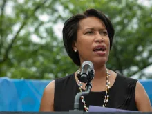 Mayor Muriel Bowser during a speech at the Pride Parade on June 12, 2021.