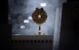 The Eucharist is displayed in a monstrance in St. Patrick’s Cathedral in New York City before a Eucharistic procession on Oct. 15, 2024. Credit: Jeffrey Bruno