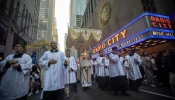 A Eucharistic procession sponsored by the Napa Institute passes by Radio City Music Hall in New York City on Oct. 15, 2024.