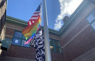 American, gay pride, and BLM flags being flown at Nativity School of Worcester in Worcester, Mass. Joe Bukuras/CNA.