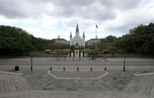 The St. Louis Cathedral and Jackson Square on March 27, 2020, in New Orleans. Credit: Chris Graythen/Getty Images