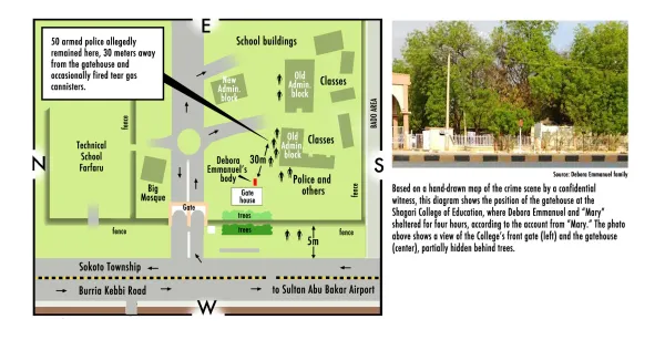 The above map is based on eyewitness accounts of the murder of Nigerian Christian student Deborah Emmanuel on her college's campus on May 12, 2022. Graphic by Alexander Hunter