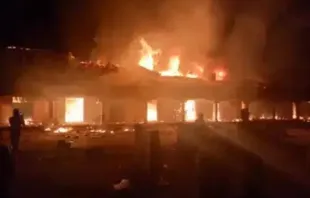 A screen grab from a video shared with ACI Africa that shows the parish house at St. Raphael Fadan Kamantan Catholic Church of the Diocese of Kafanchan in flames Sept. 7, 2023. Credit: ACI Africa